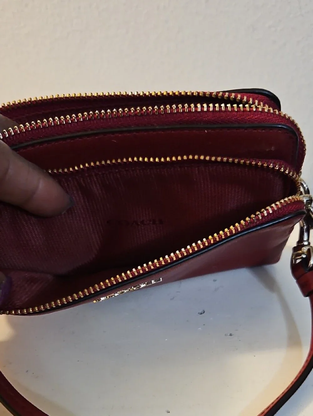 Coach Double Zip Leather Wristlet in Deep Red with Gold Hardware - Picture 4 of 6